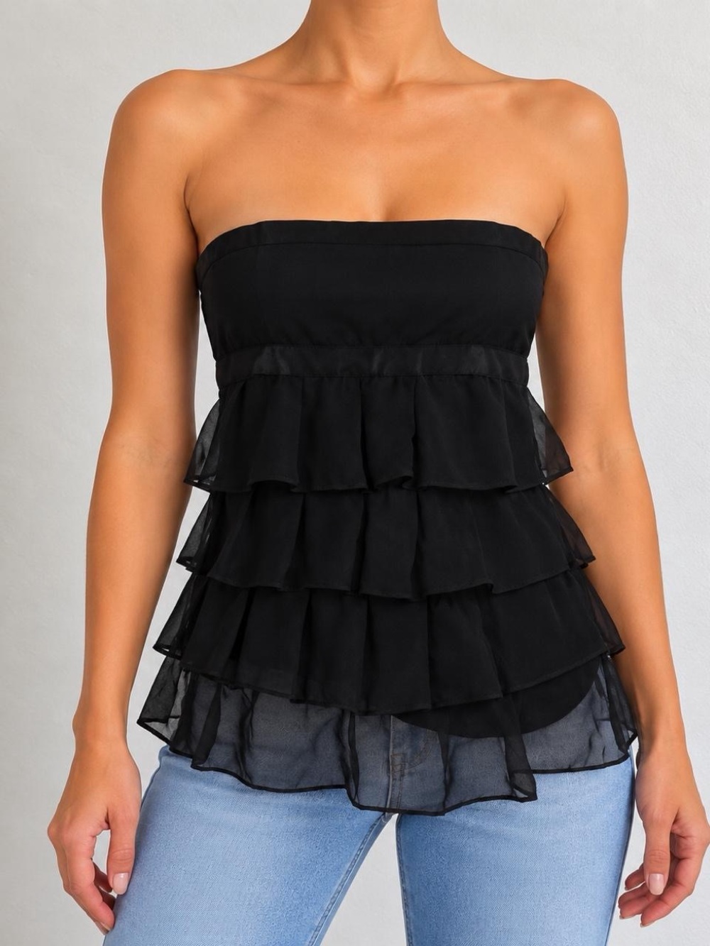 Y2K Whimsygoth Fairy Grunge Black Strapless Ruffle Tiered Tube Top Blouse Shirt